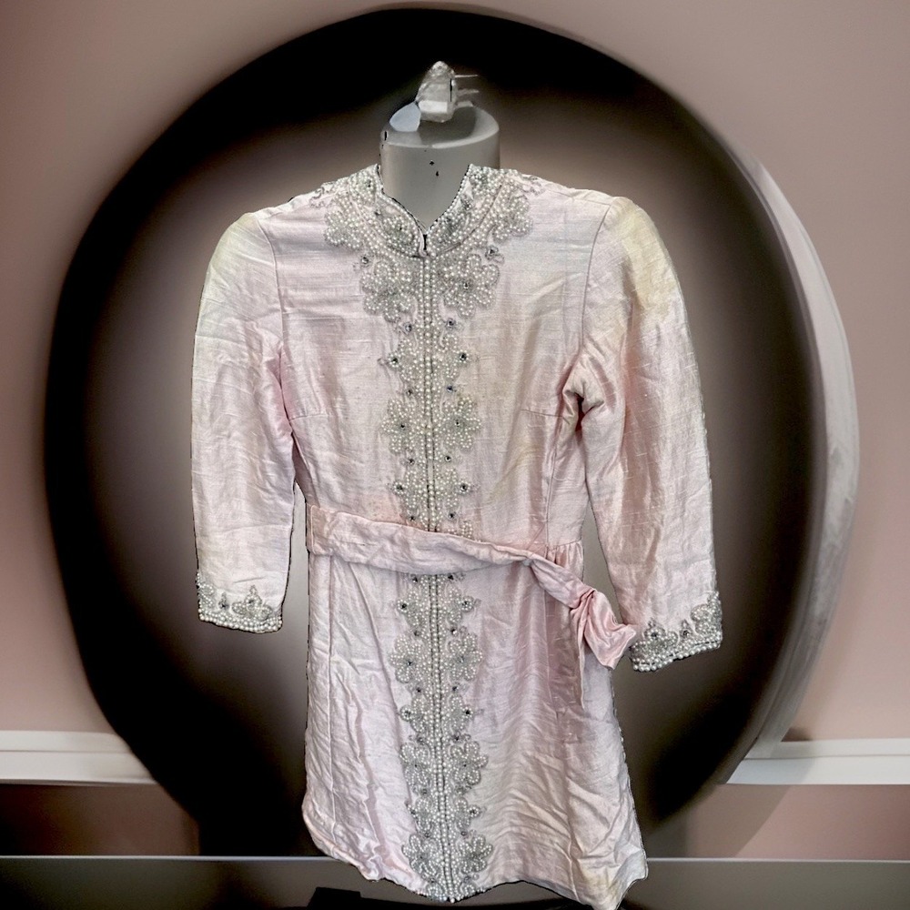 Vintage 1940-60s British Crown Colony Dress Pink Pearls Embellishing Needs Work